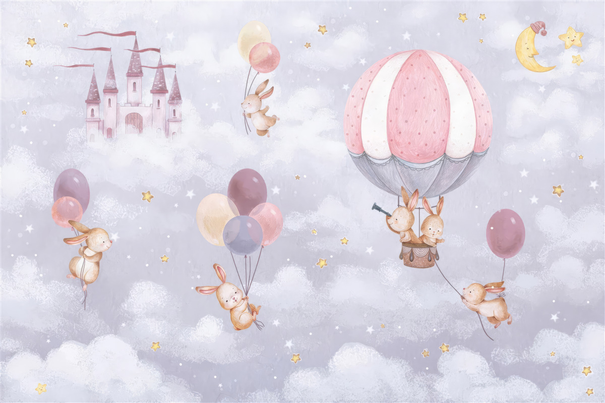 Fotobehang konijntjes vliegen in ballonnen