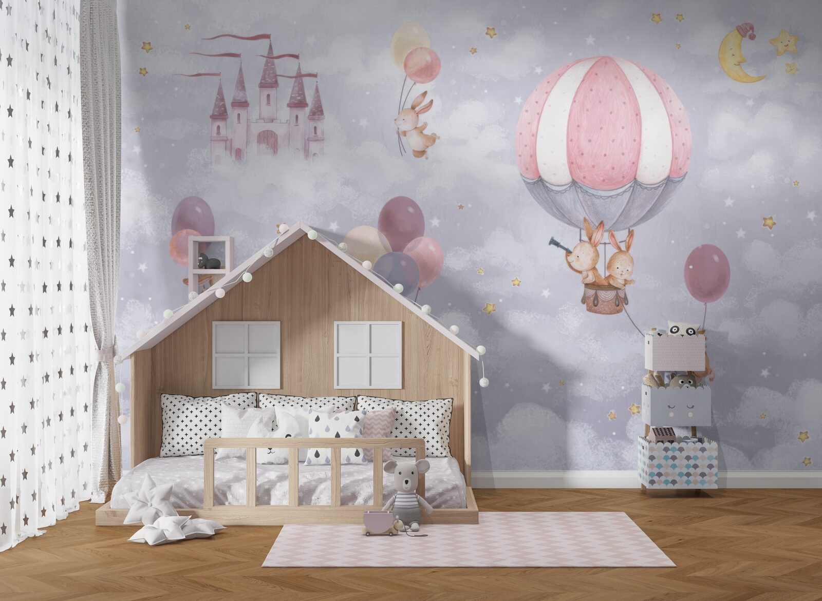 Fotobehang konijntjes vliegen in ballonnen