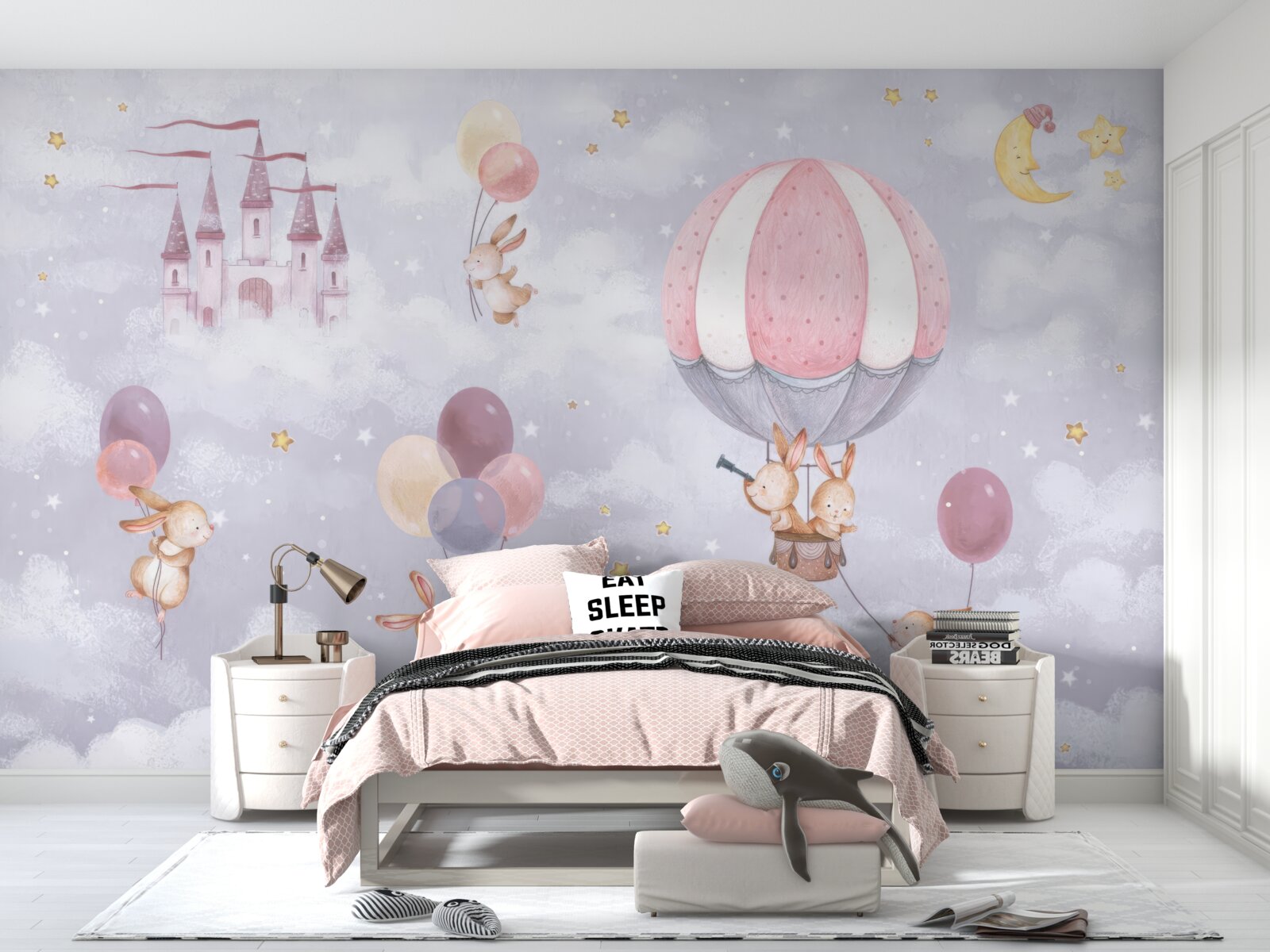 Fotobehang konijntjes vliegen in ballonnen