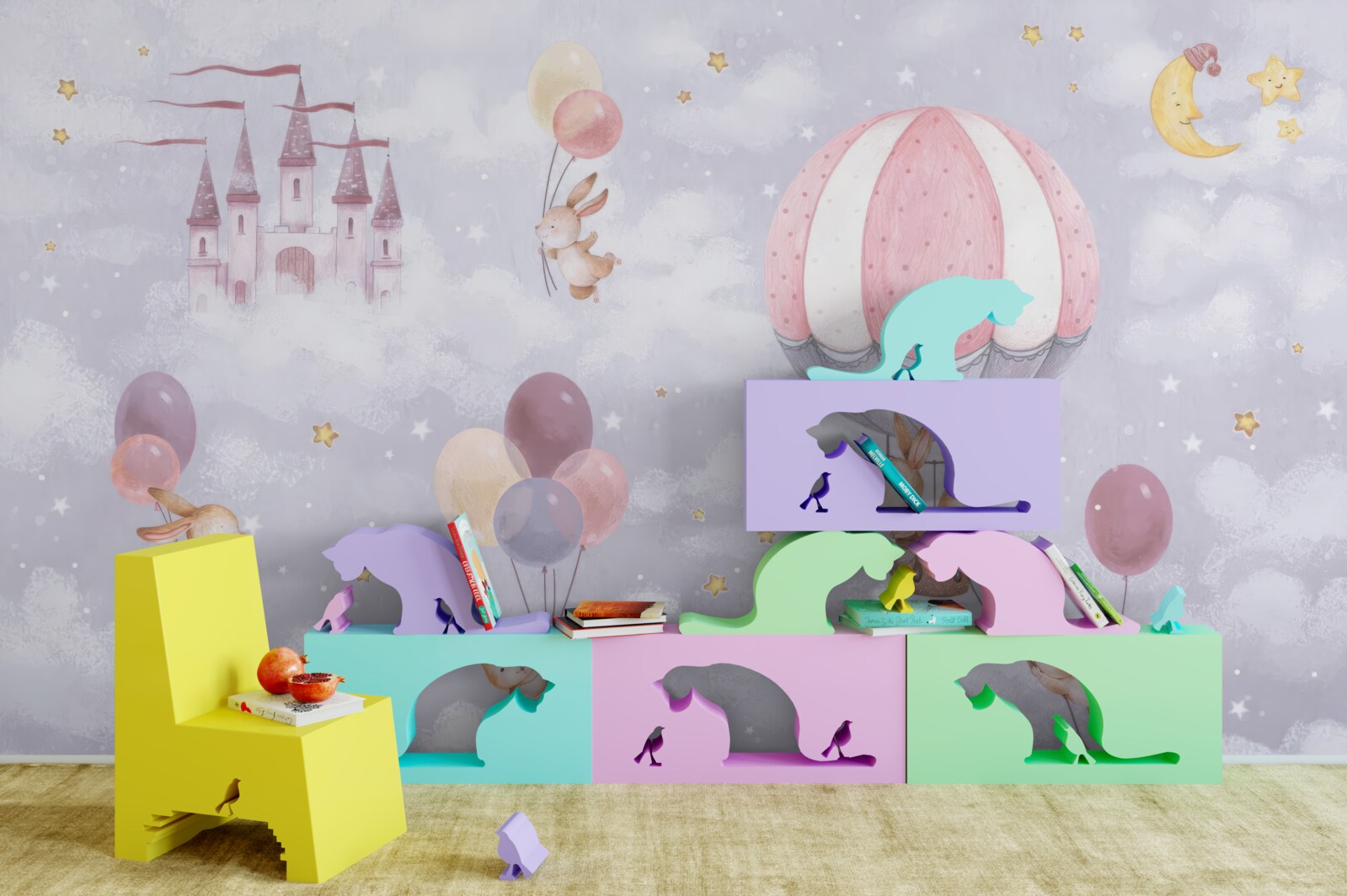 Fotobehang konijntjes vliegen in ballonnen