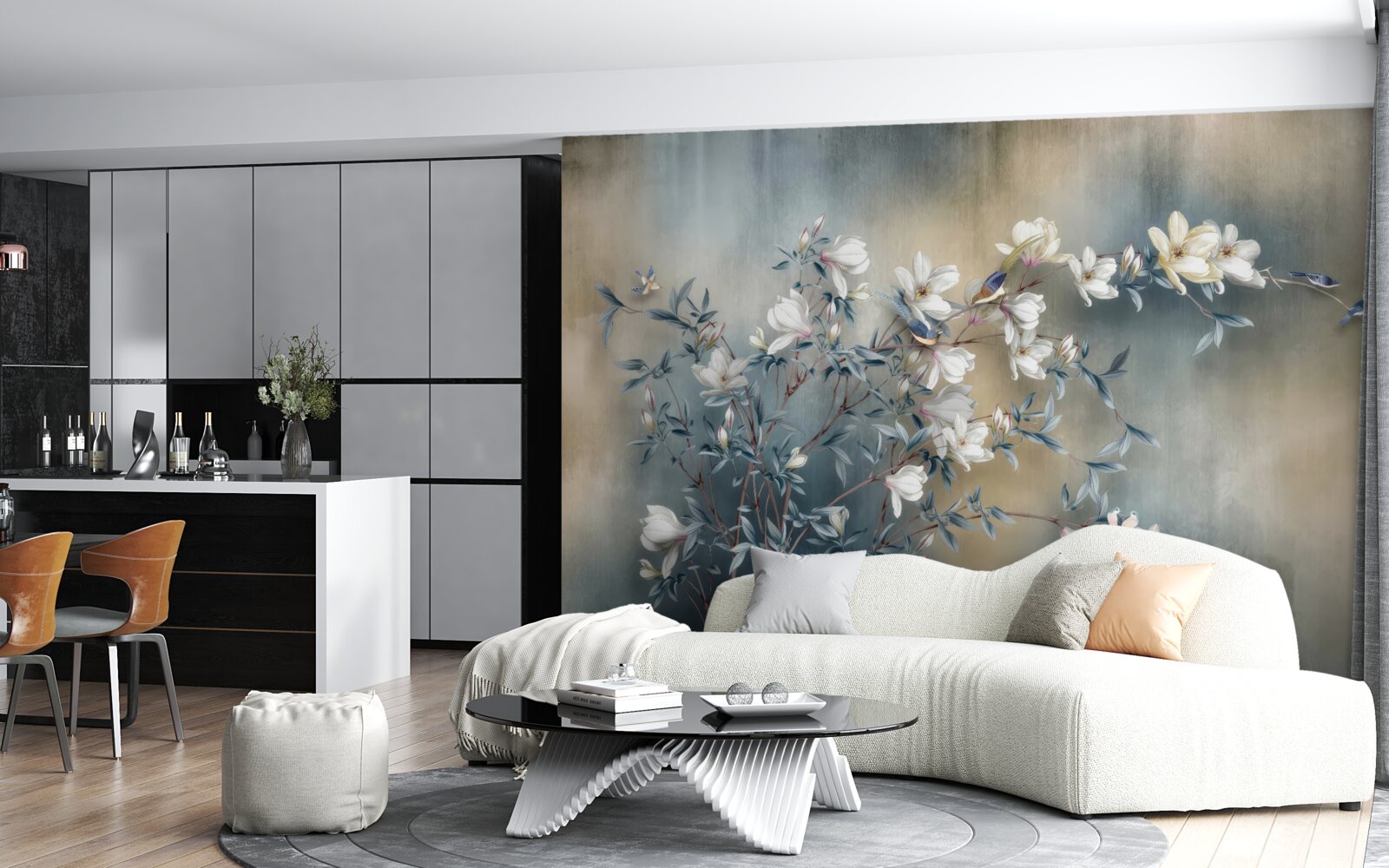 Fotobehang tak bedekt met witte bloemen