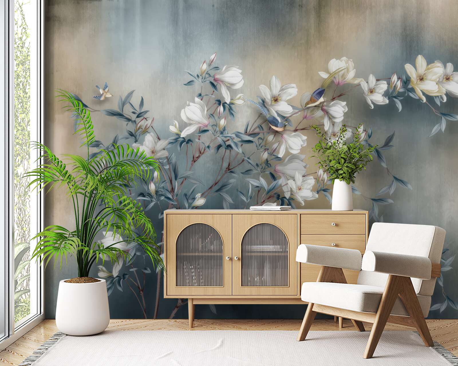 Fotobehang tak bedekt met witte bloemen