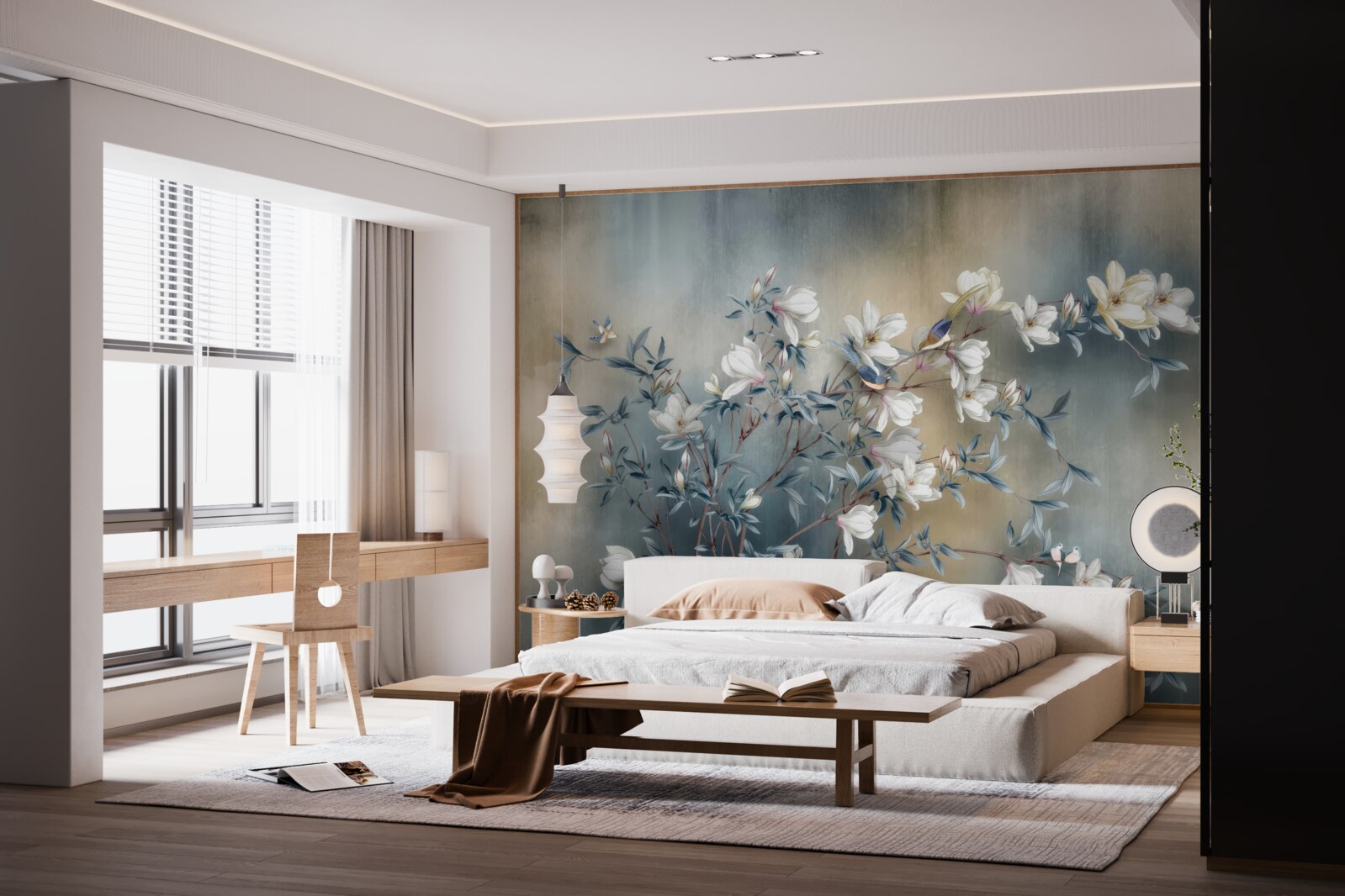 Fotobehang tak bedekt met witte bloemen