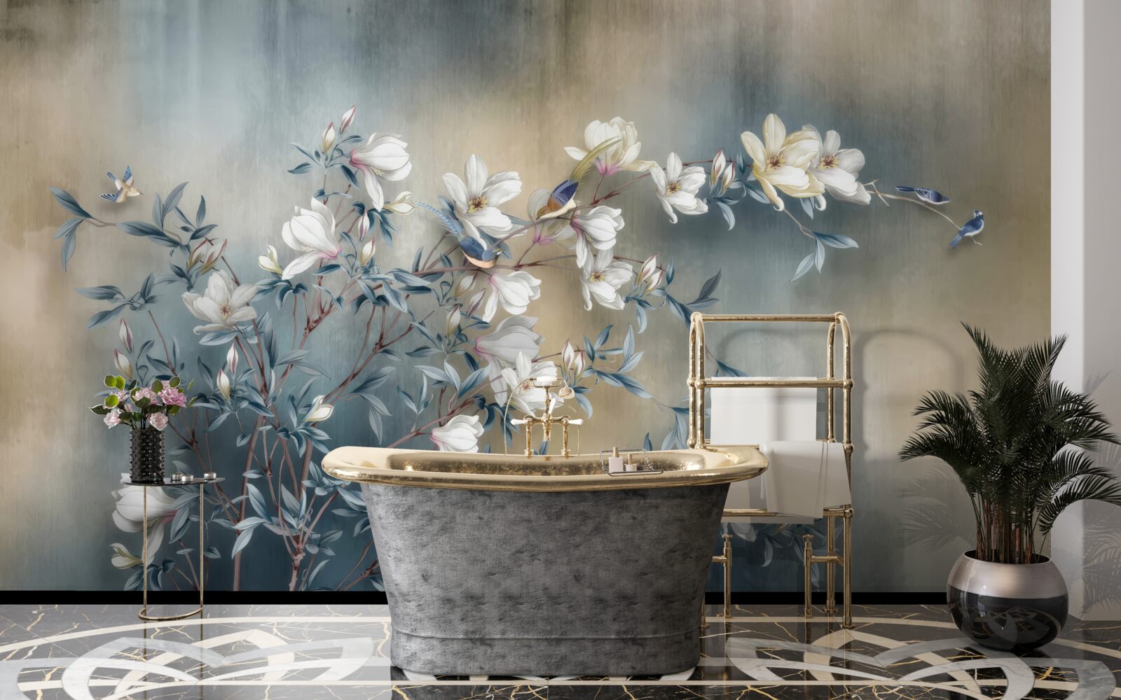 Fotobehang tak bedekt met witte bloemen