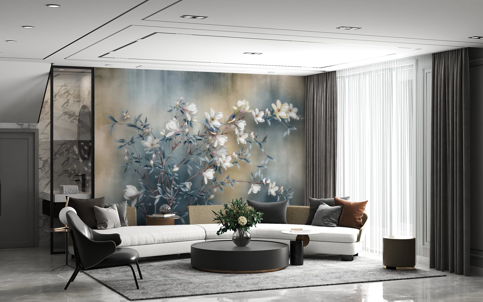 Fotobehang tak bedekt met witte bloemen