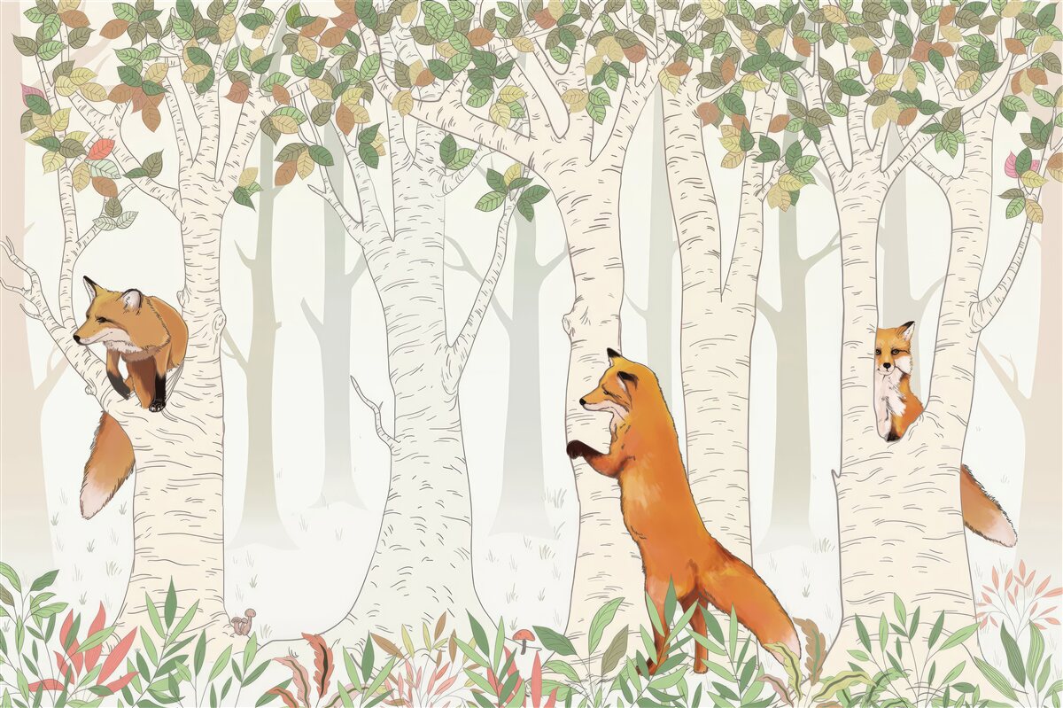 Fotobehang vossen tussen de takken van bomen