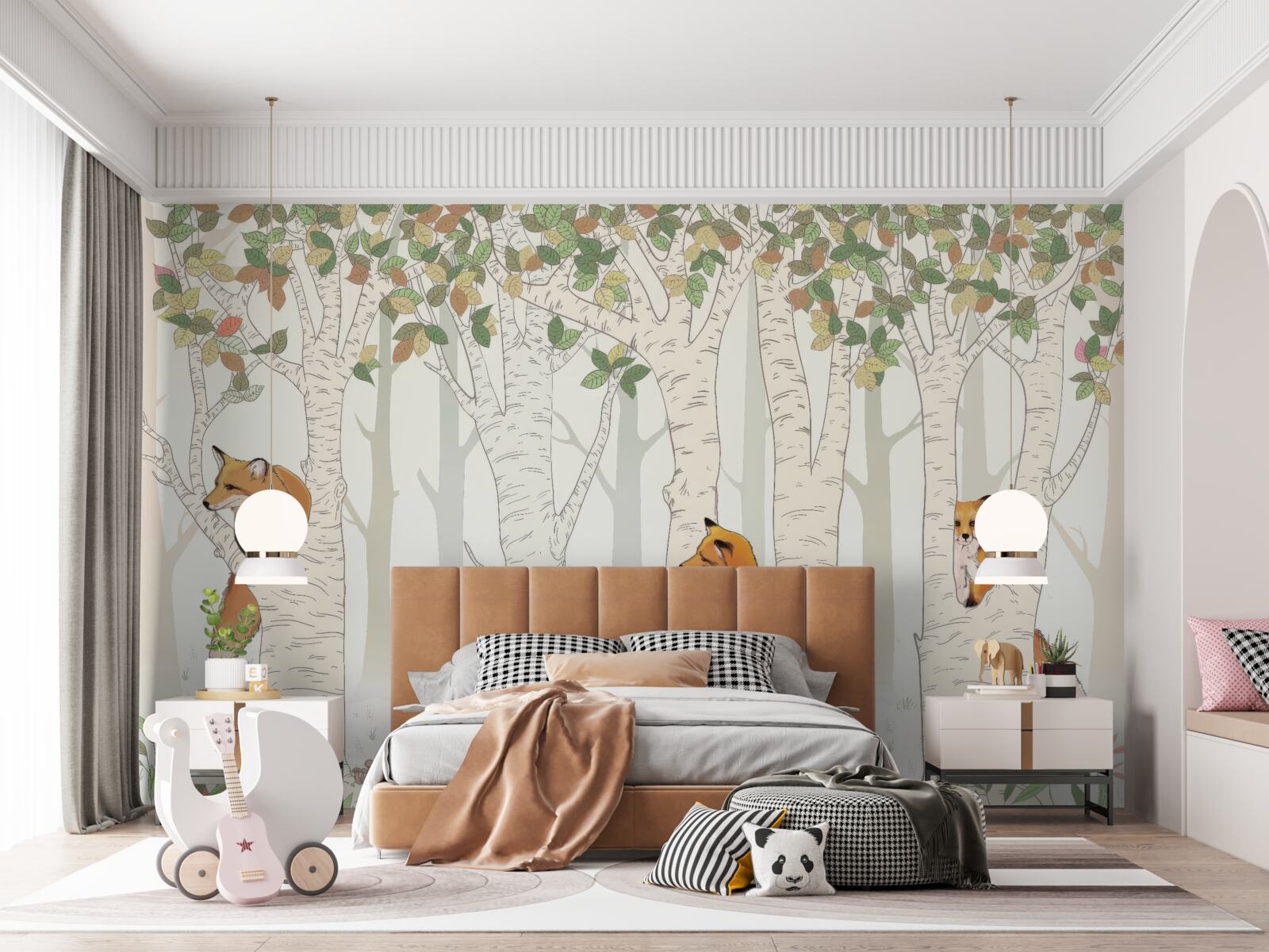 Fotobehang vossen tussen de takken van bomen