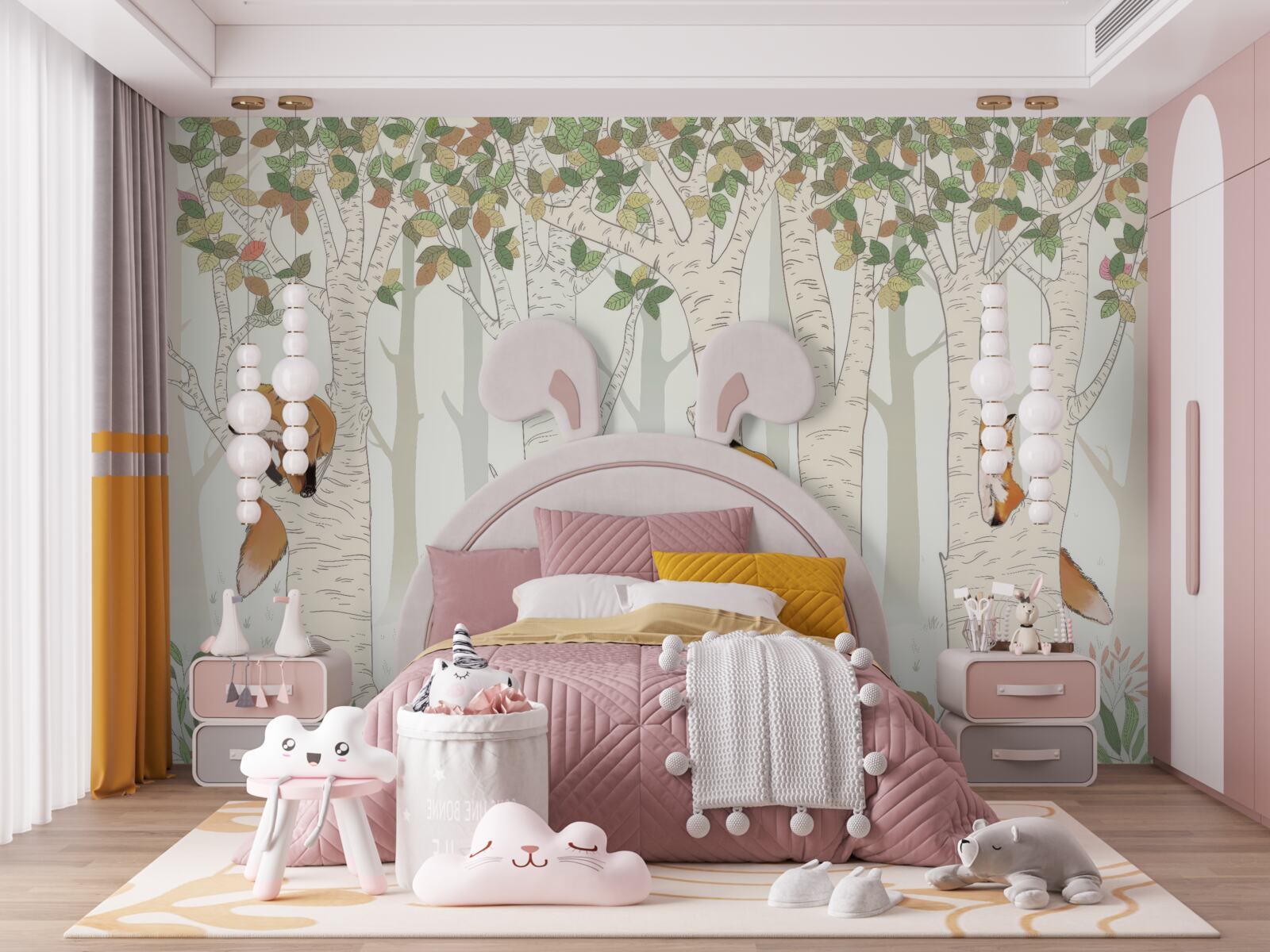 Fotobehang vossen tussen de takken van bomen