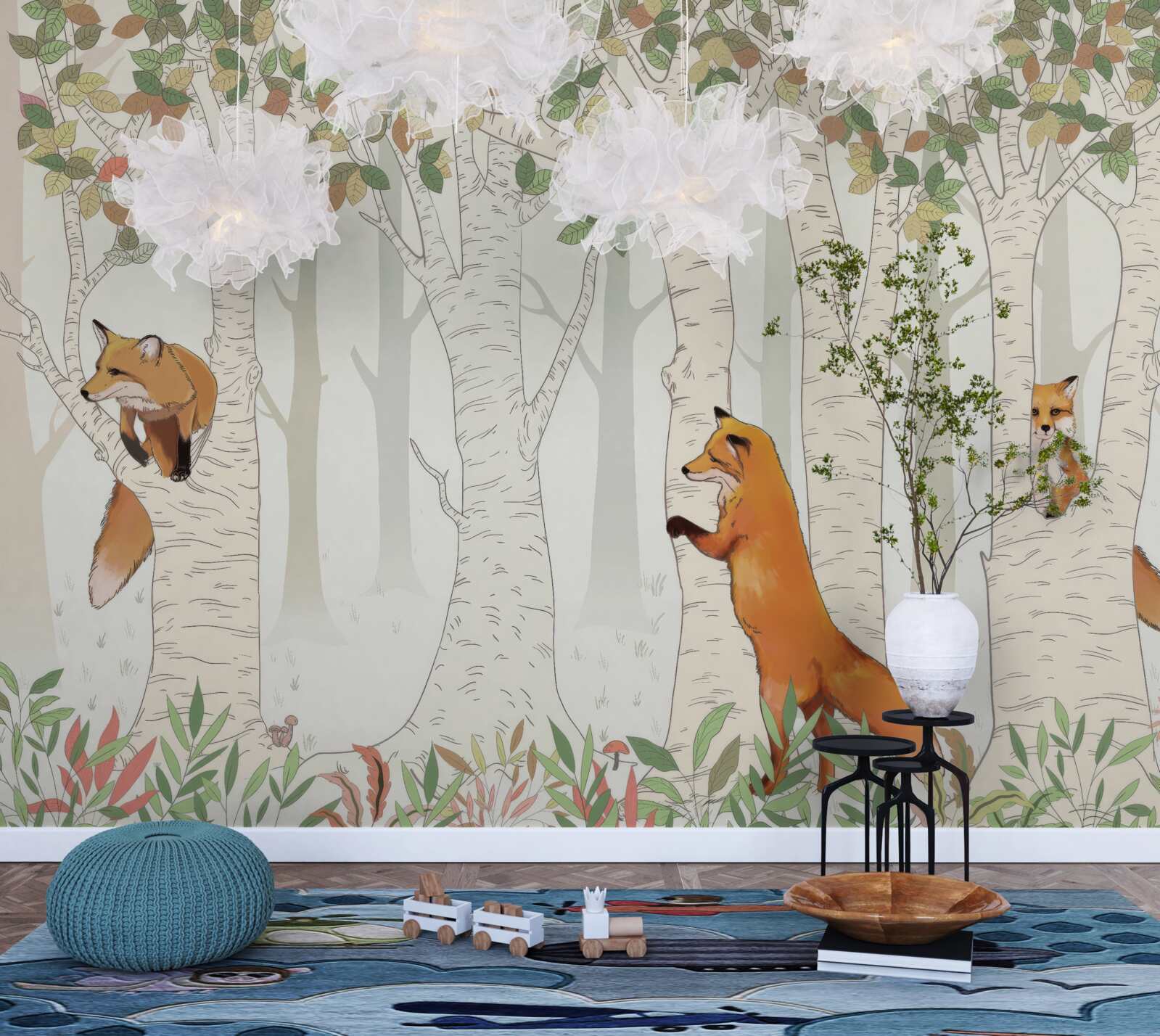 Fotobehang vossen tussen de takken van bomen