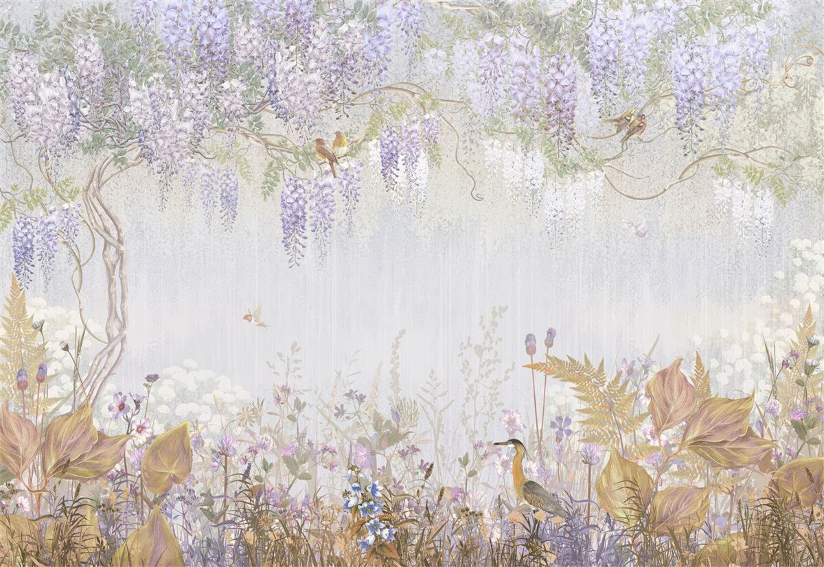 Fotobehang boom met vogels en paarse bloemen