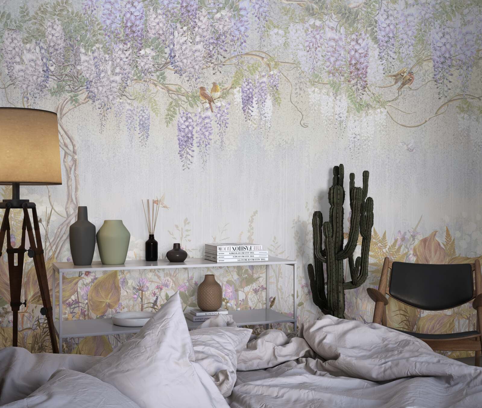 Fotobehang boom met vogels en paarse bloemen