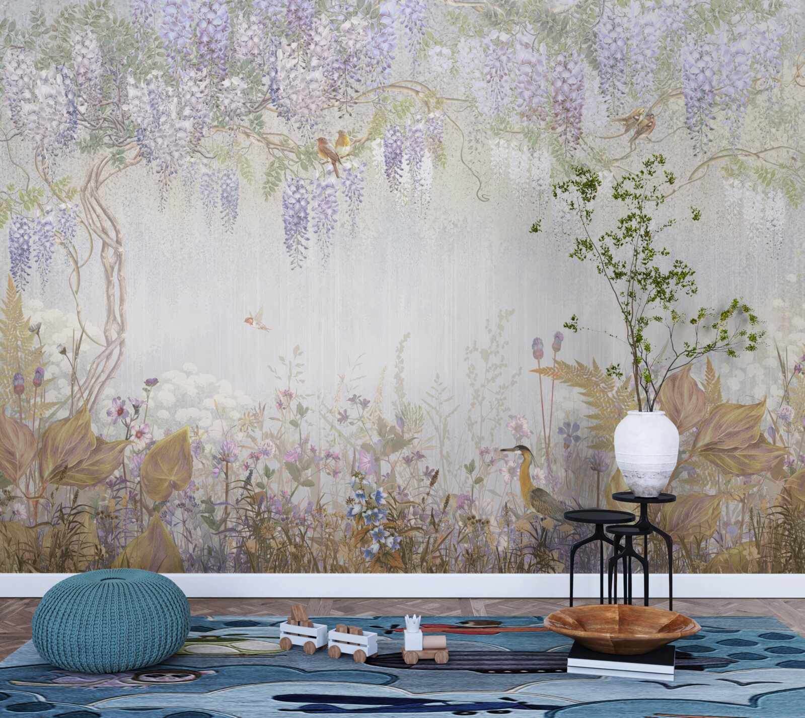 Fotobehang boom met vogels en paarse bloemen