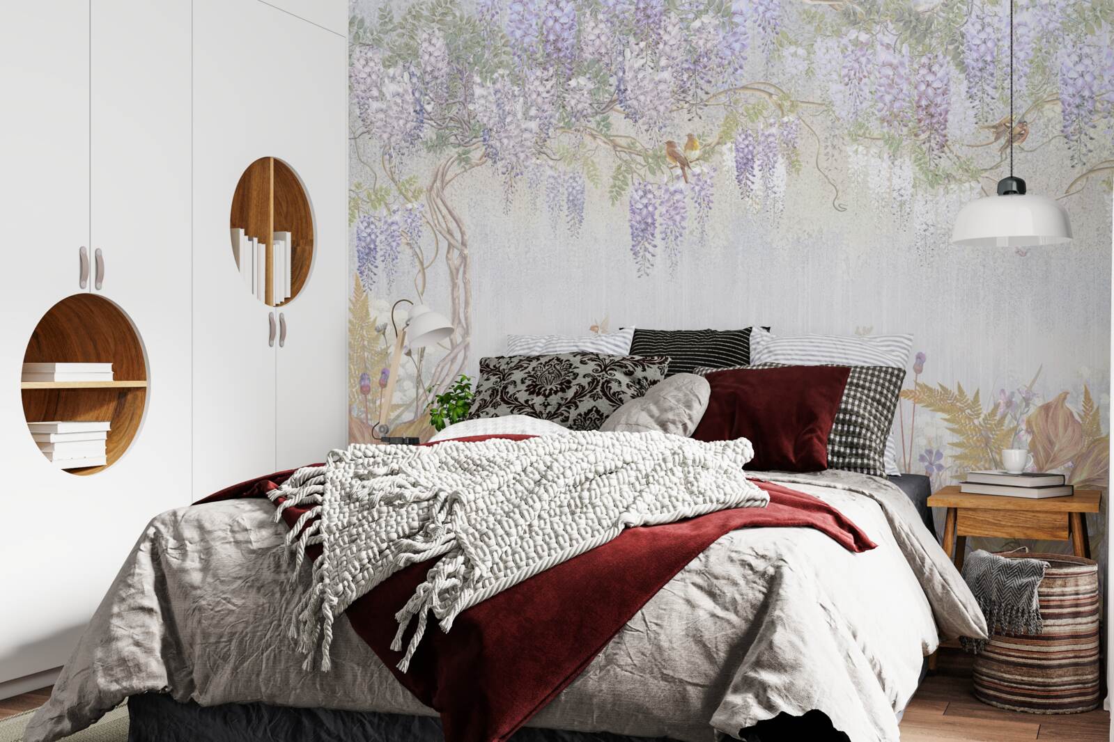 Fotobehang boom met vogels en paarse bloemen