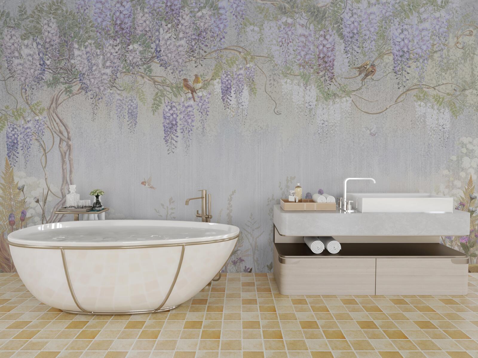 Fotobehang boom met vogels en paarse bloemen