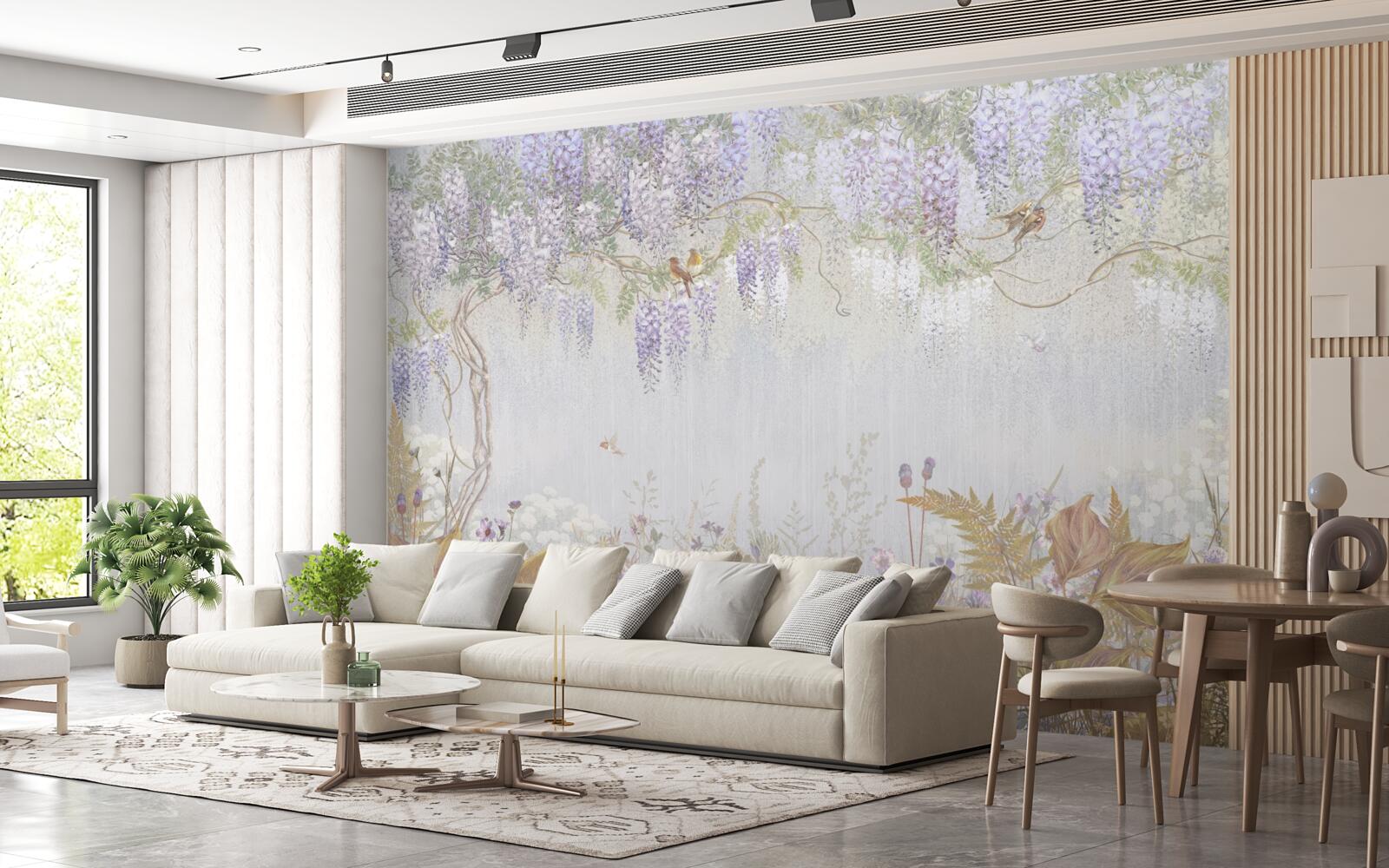 Fotobehang boom met vogels en paarse bloemen