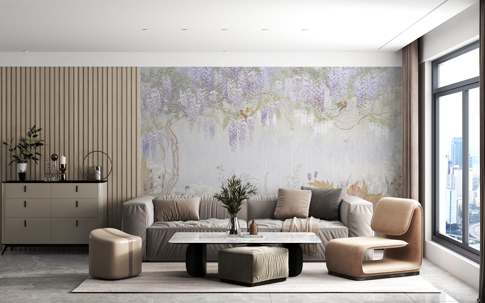 Fotobehang boom met vogels en paarse bloemen