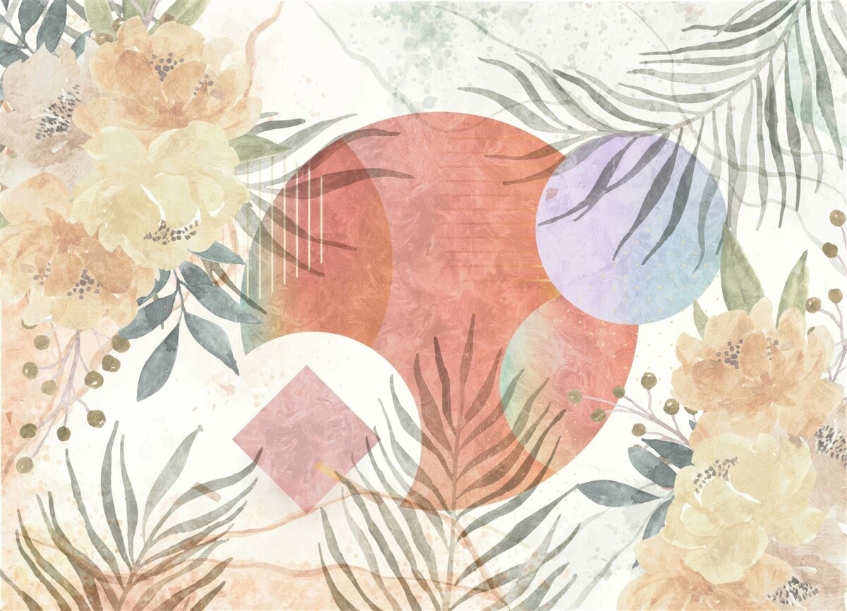 Fotobehang achtergrond met vegetatie, bloemen en geometrische vormen