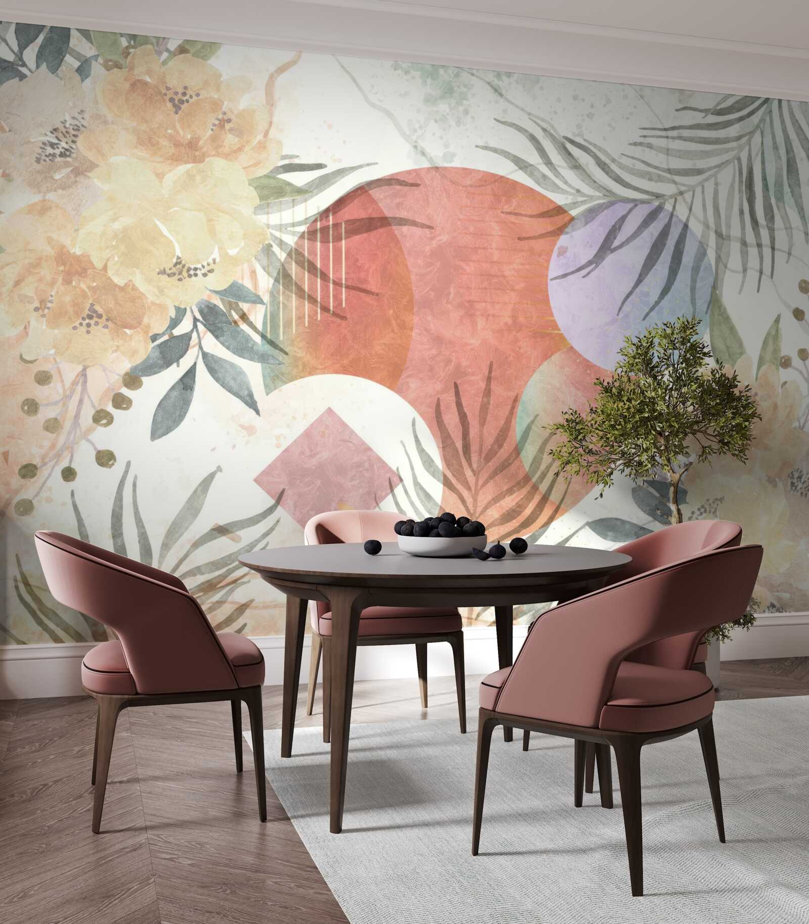 Fotobehang achtergrond met vegetatie, bloemen en geometrische vormen