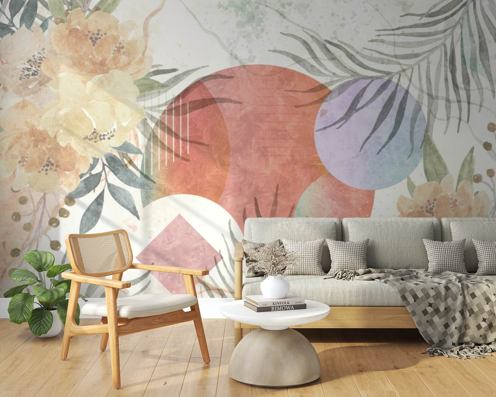 Fotobehang achtergrond met vegetatie, bloemen en geometrische vormen