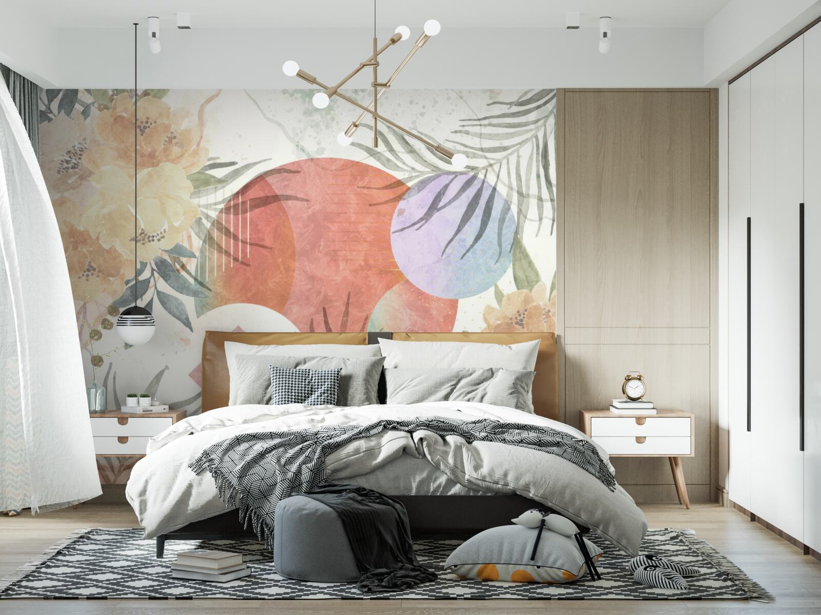 Fotobehang achtergrond met vegetatie, bloemen en geometrische vormen