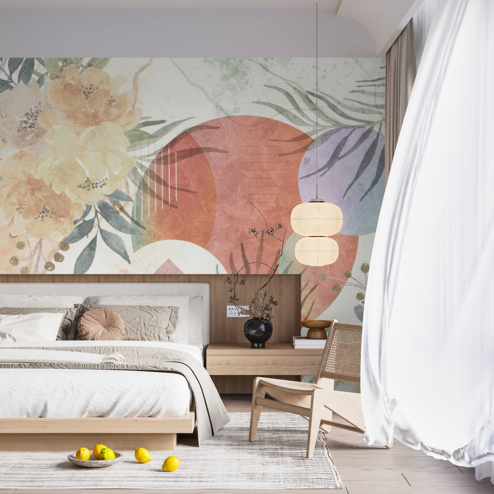 Fotobehang achtergrond met vegetatie, bloemen en geometrische vormen