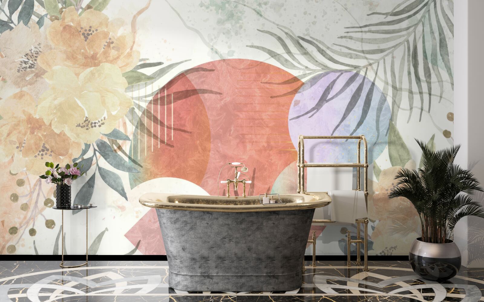 Fotobehang achtergrond met vegetatie, bloemen en geometrische vormen