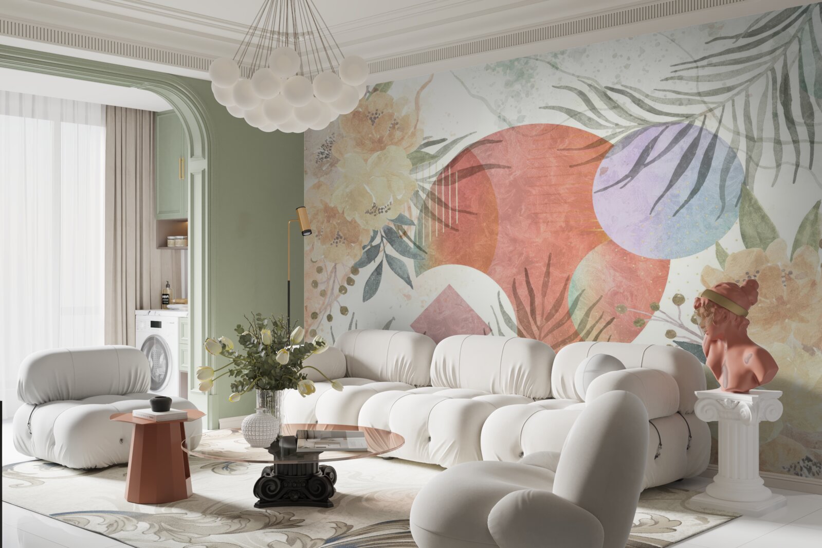 Fotobehang achtergrond met vegetatie, bloemen en geometrische vormen