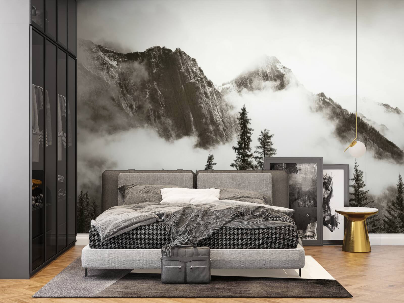 Fotobehang bergen in zwart en wit, gehuld in mist