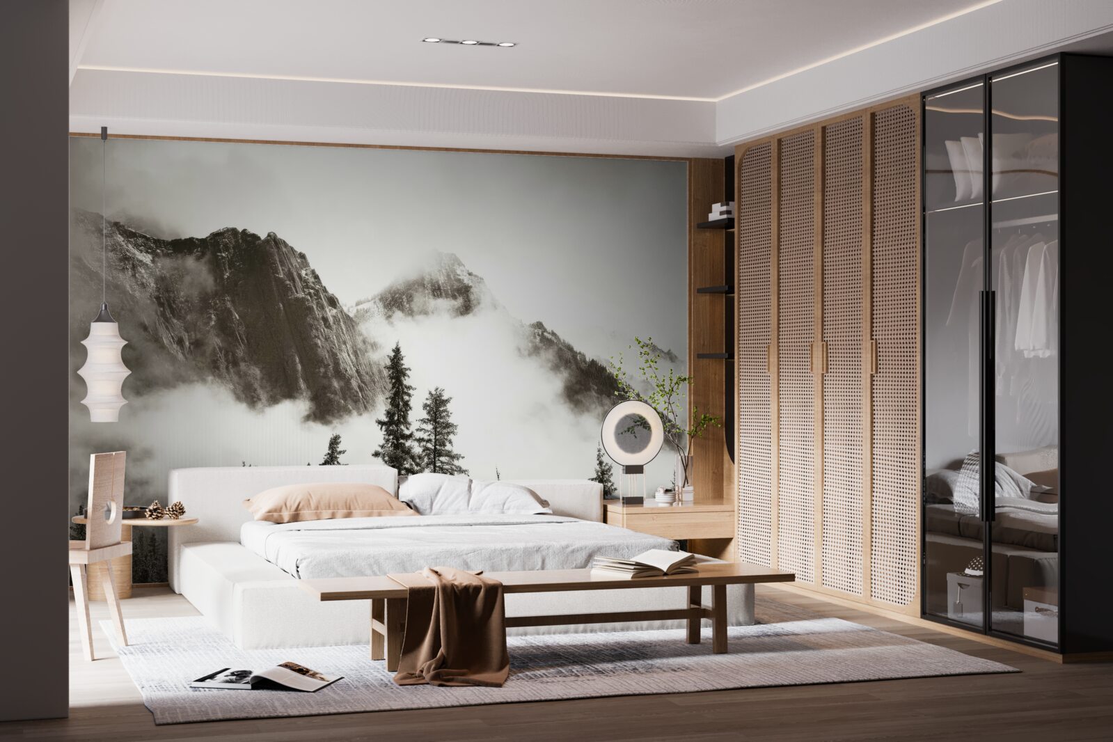 Fotobehang bergen in zwart en wit, gehuld in mist