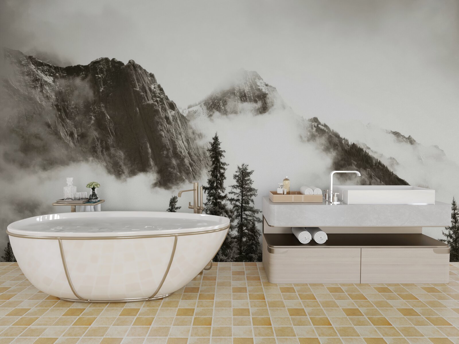 Fotobehang bergen in zwart en wit, gehuld in mist