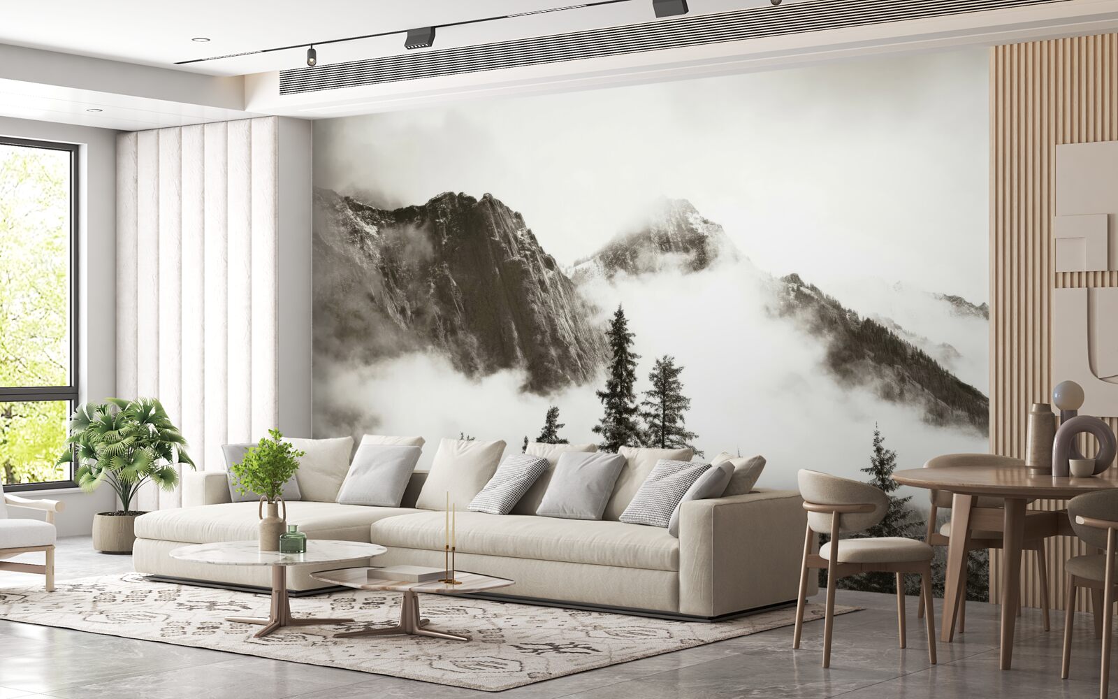 Fotobehang bergen in zwart en wit, gehuld in mist