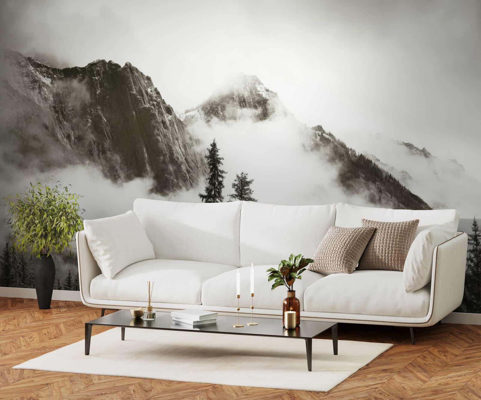 Fotobehang bergen in zwart en wit, gehuld in mist