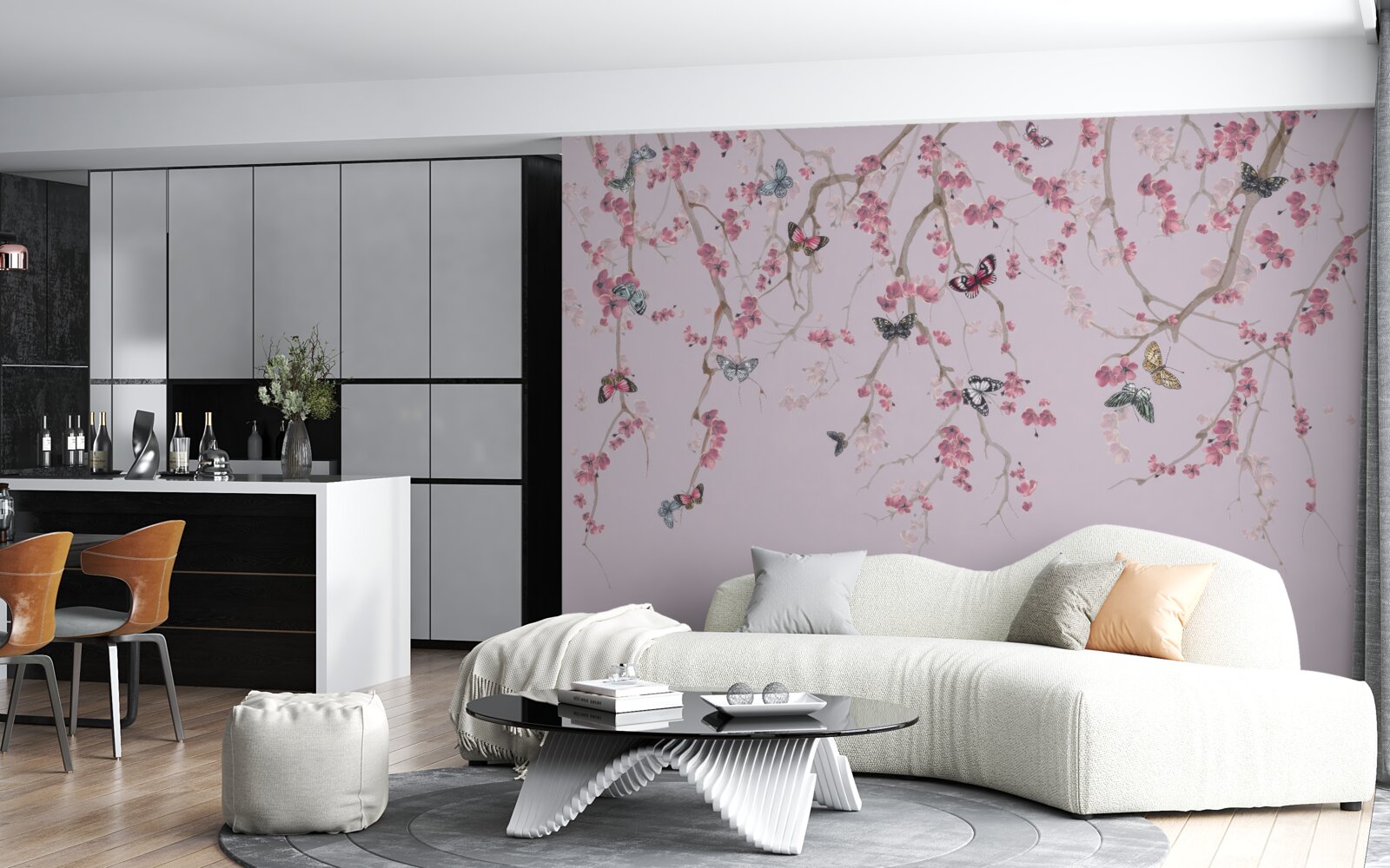 Fotobehang takken met roze bloemen en vlinders