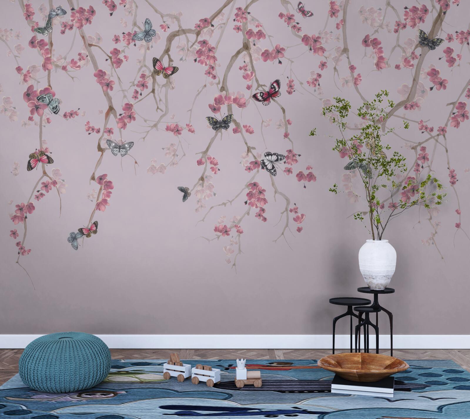 Fotobehang takken met roze bloemen en vlinders