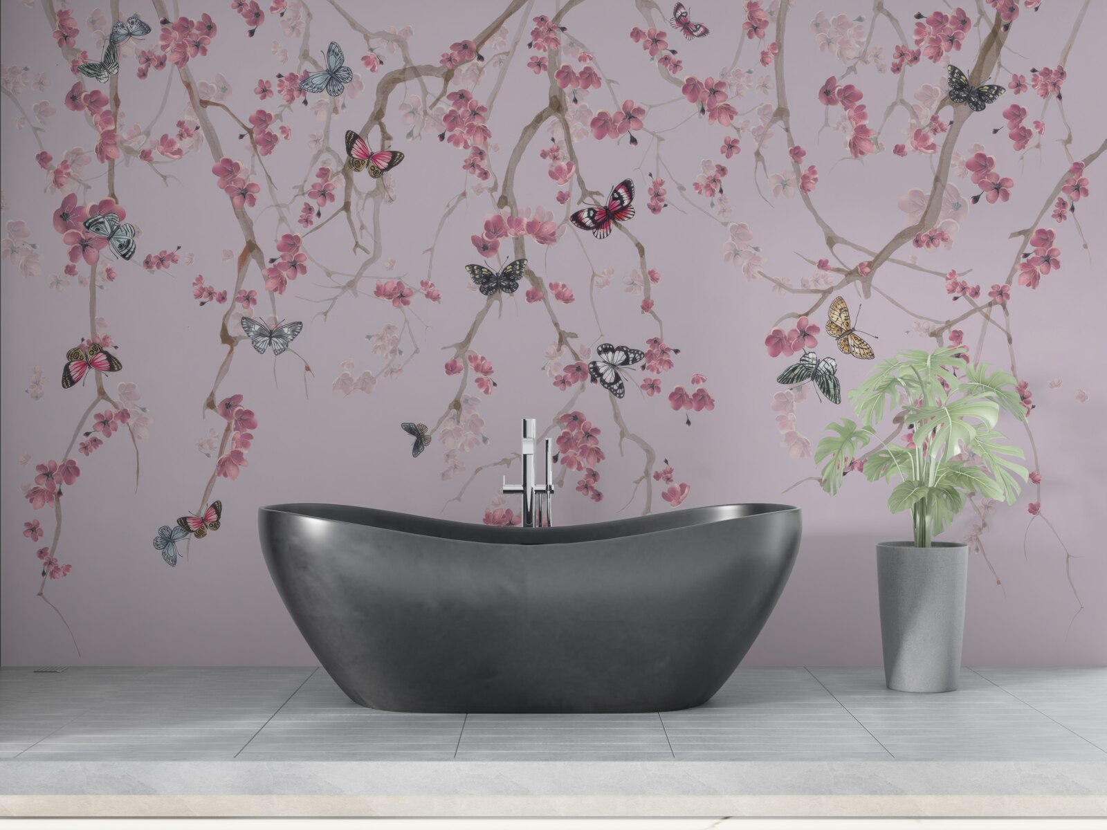 Fotobehang takken met roze bloemen en vlinders