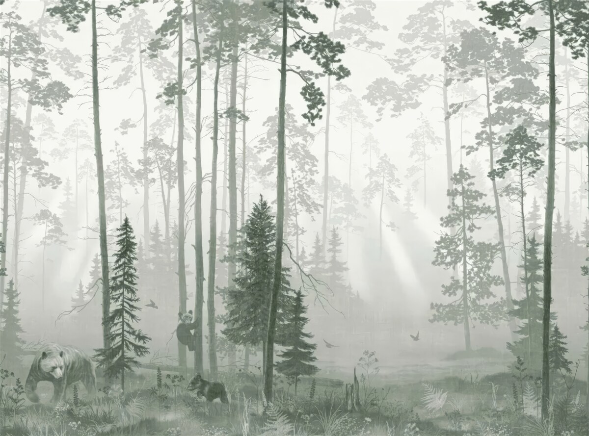 Fotobehang beren in een rokerig bos