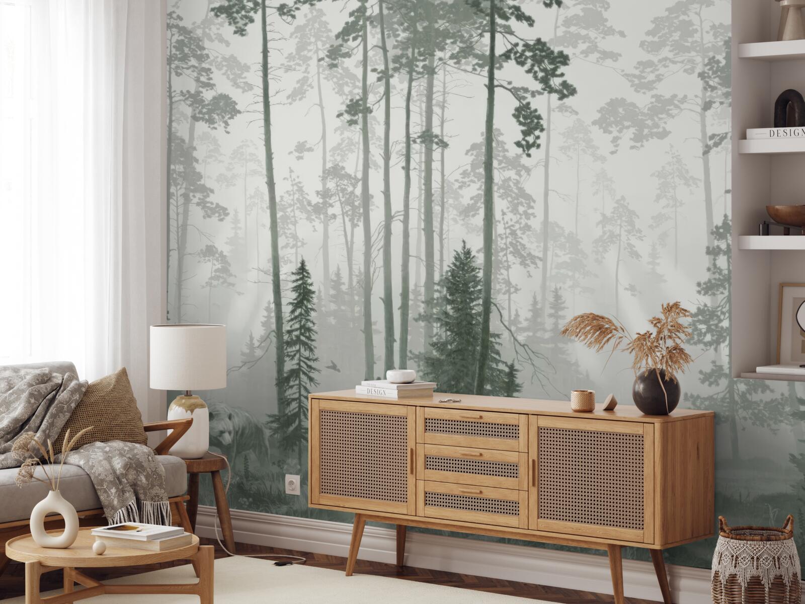 Fotobehang beren in een rokerig bos