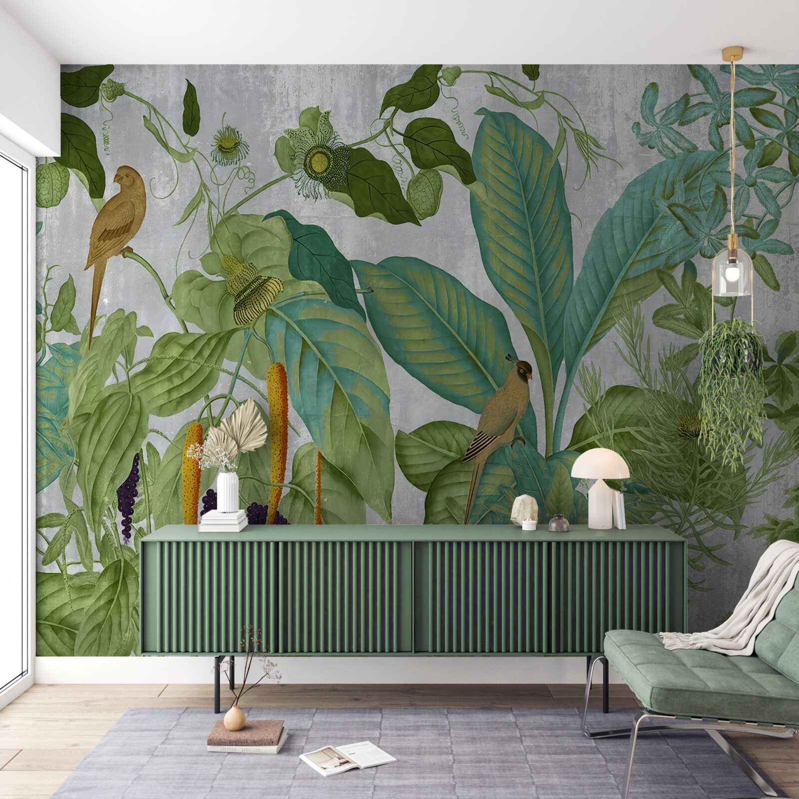 Fotobehang tussen de groene bladeren zitten papegaaien