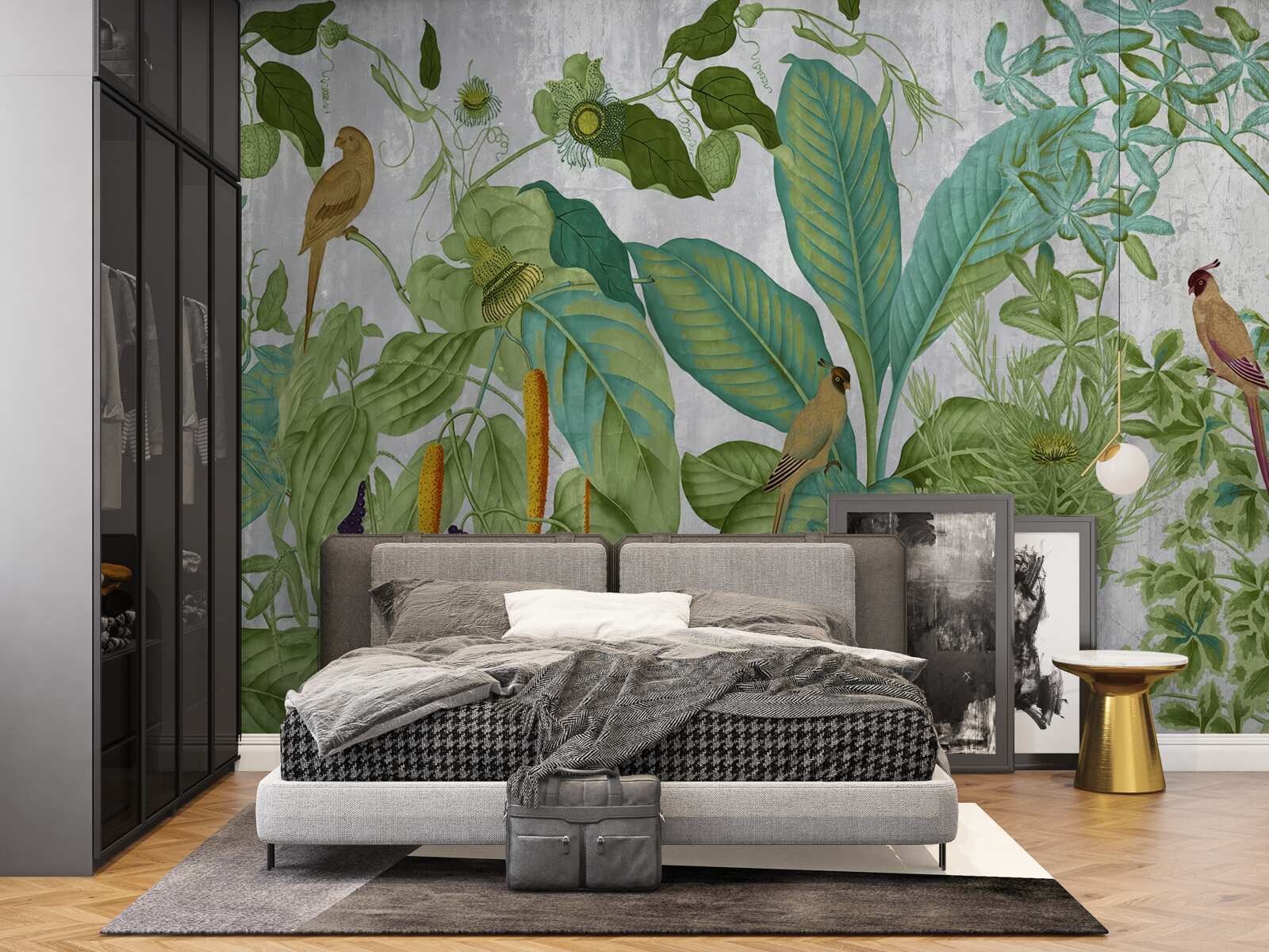 Fotobehang tussen de groene bladeren zitten papegaaien