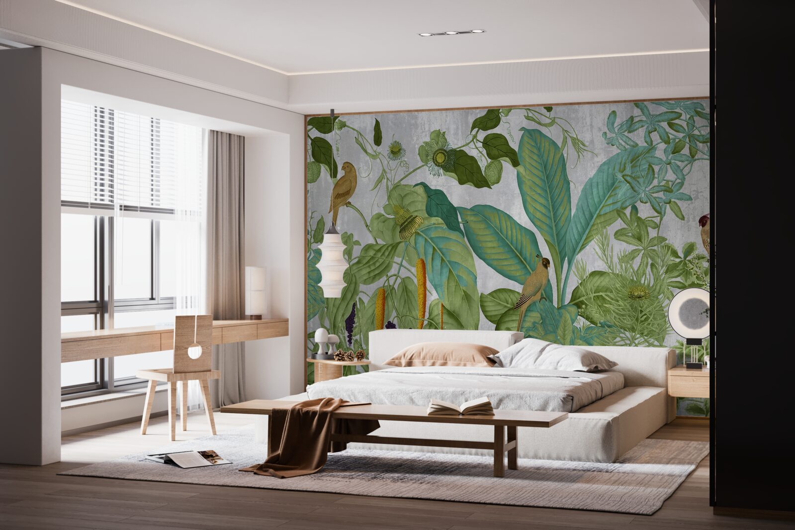 Fotobehang tussen de groene bladeren zitten papegaaien