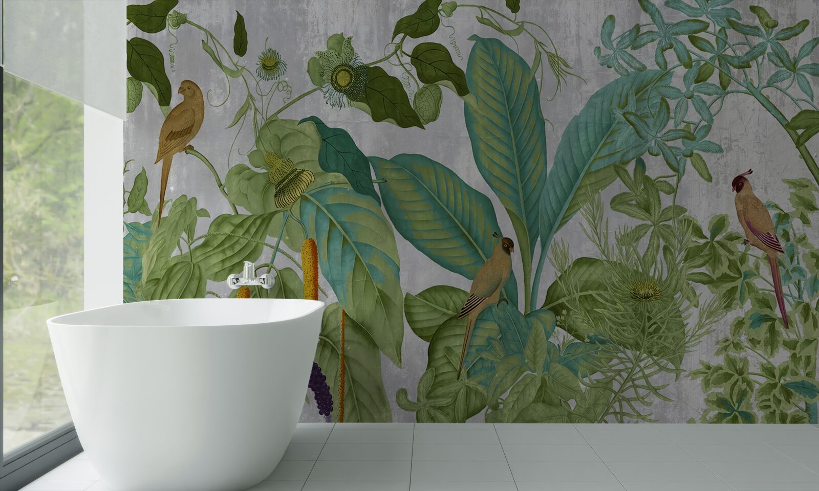 Fotobehang tussen de groene bladeren zitten papegaaien