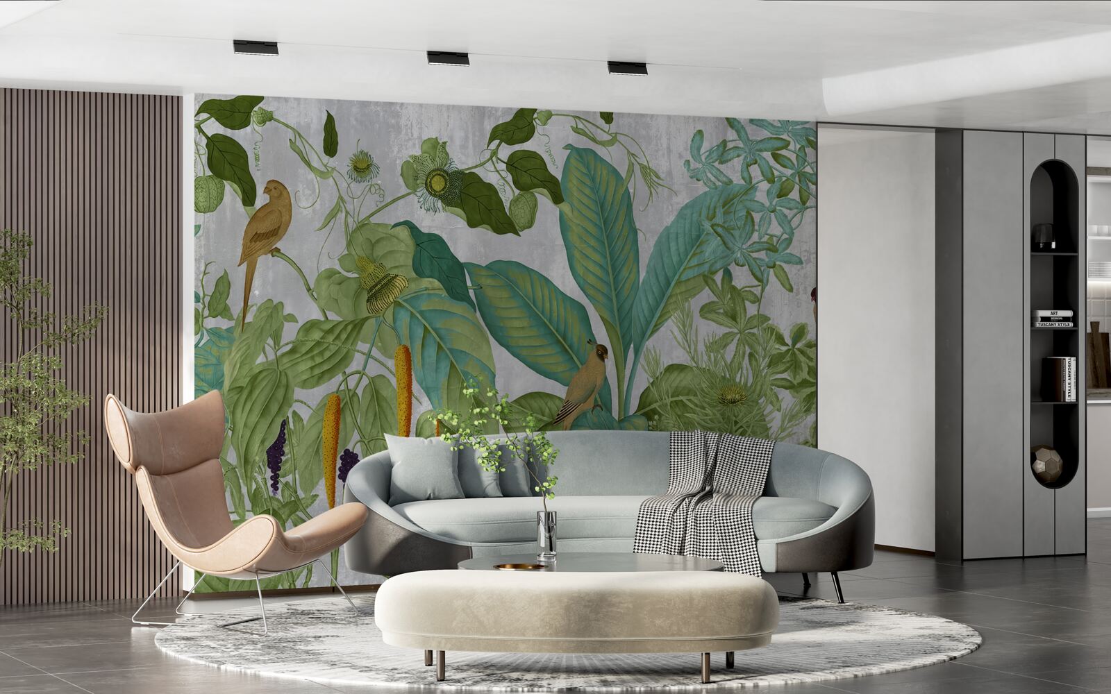 Fotobehang tussen de groene bladeren zitten papegaaien