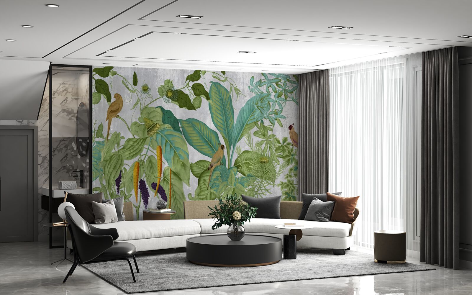 Fotobehang tussen de groene bladeren zitten papegaaien