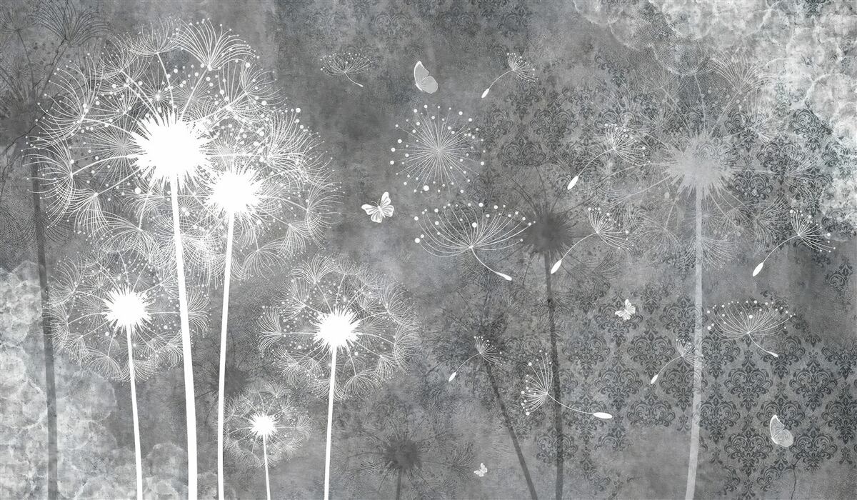 Fotobehang witte silhouetten van paardenbloemen op een grijze achtergrond