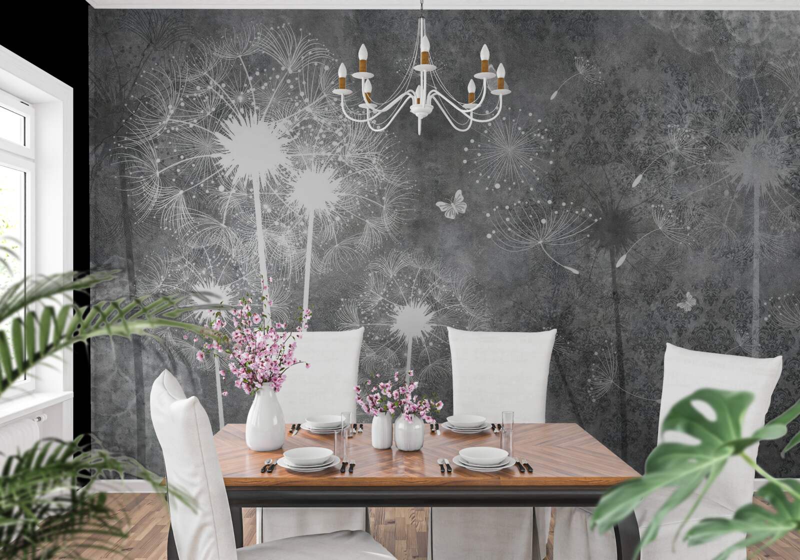 Fotobehang witte silhouetten van paardenbloemen op een grijze achtergrond