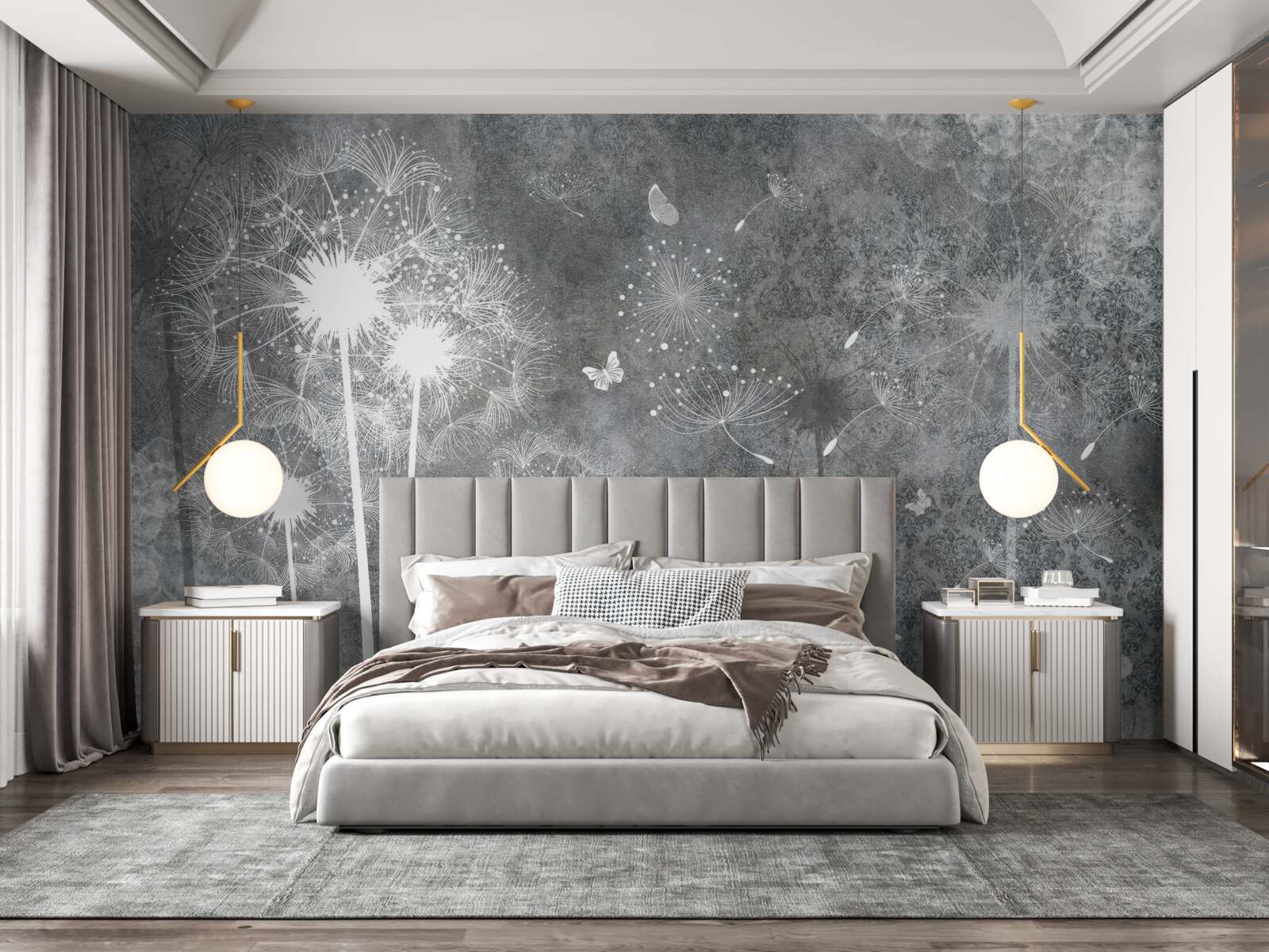 Fotobehang witte silhouetten van paardenbloemen op een grijze achtergrond