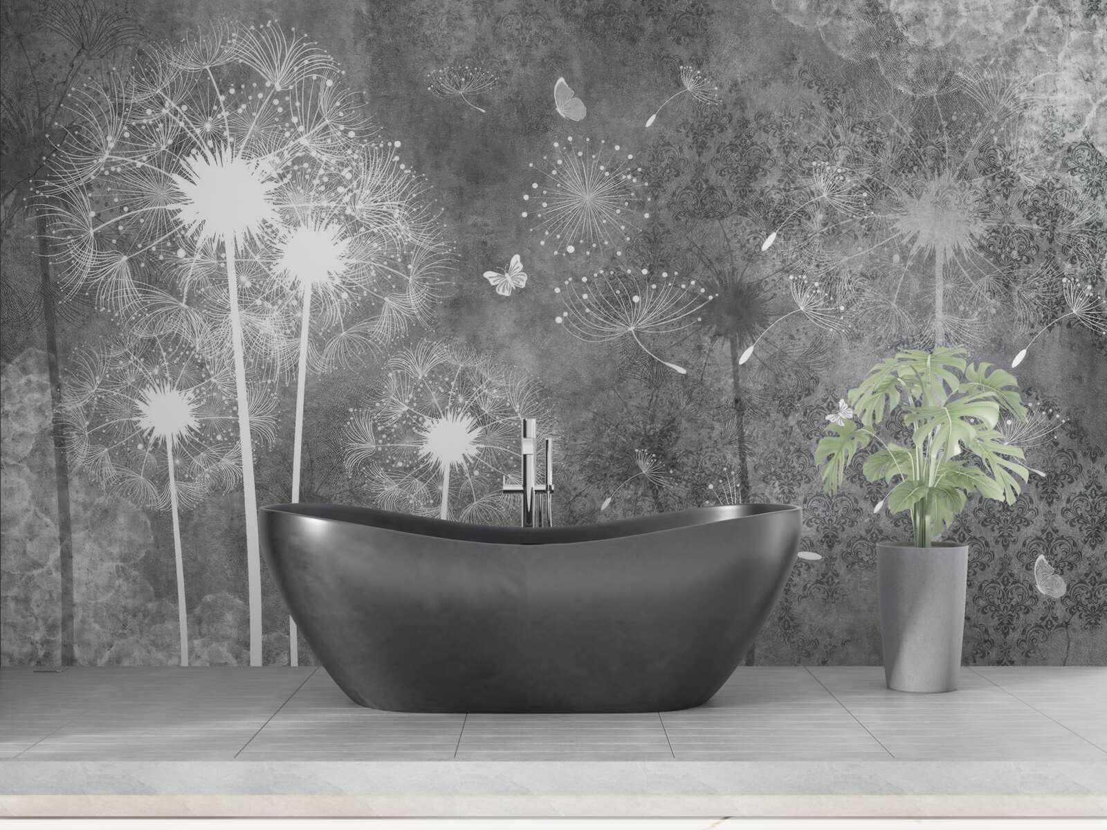 Fotobehang witte silhouetten van paardenbloemen op een grijze achtergrond