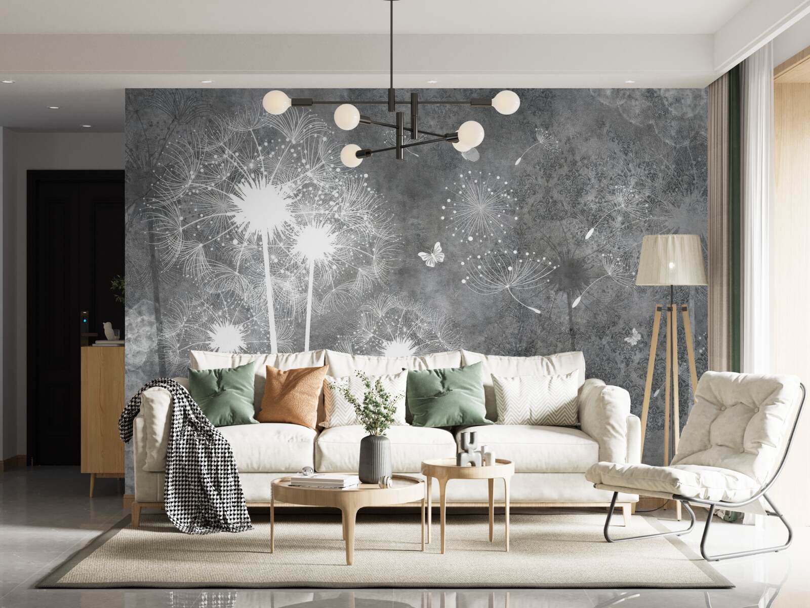 Fotobehang witte silhouetten van paardenbloemen op een grijze achtergrond