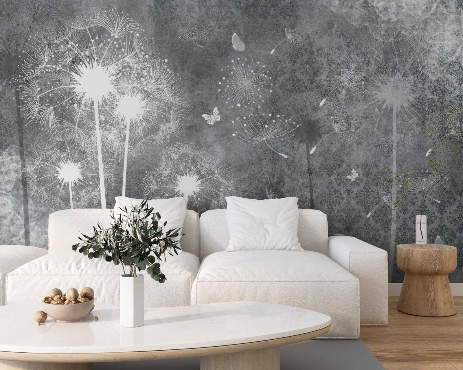 Fotobehang witte silhouetten van paardenbloemen op een grijze achtergrond