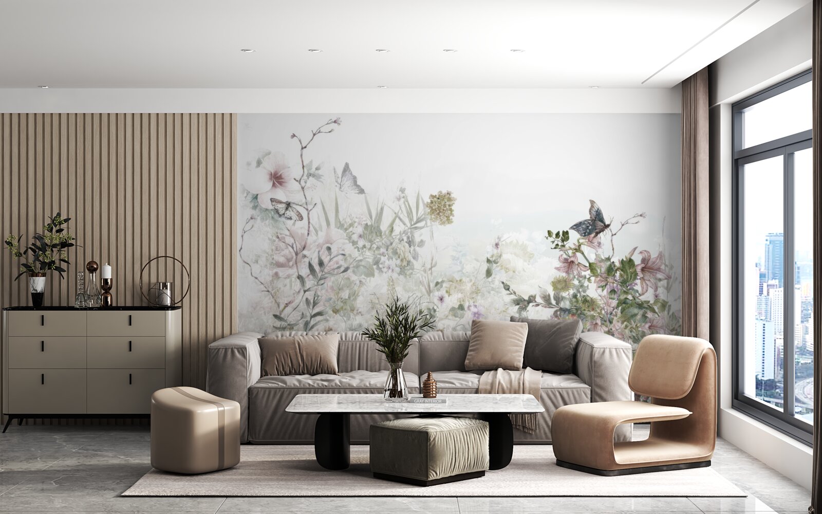 Fotobehang planten waarop vlinders zitten